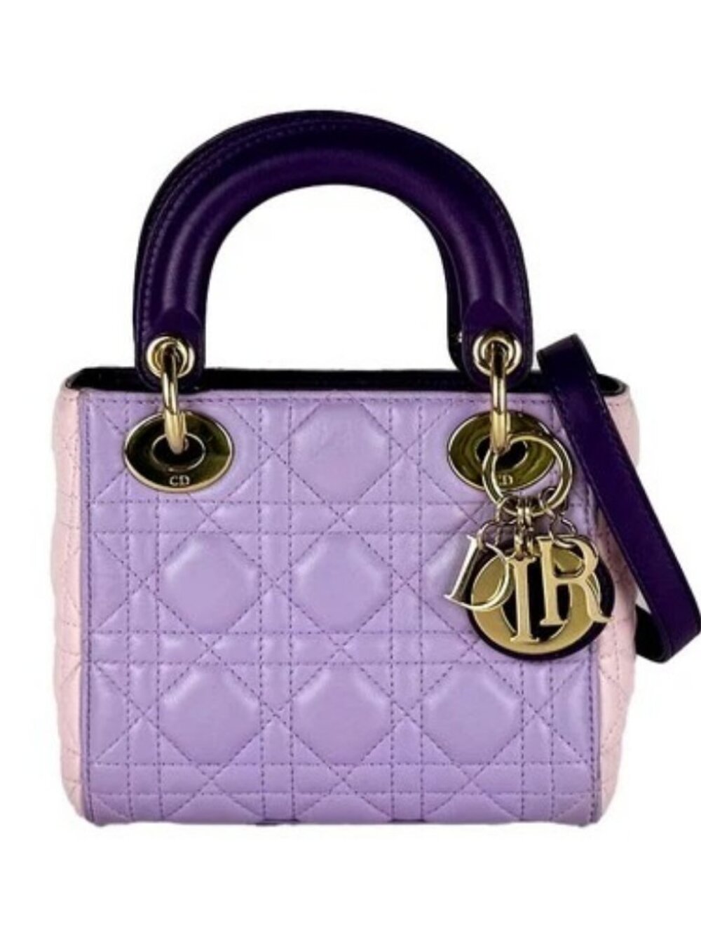Auth Christian Dior Lady Dior Mini Handbag Shoulder Bag Purple/Pink/Gold z11090